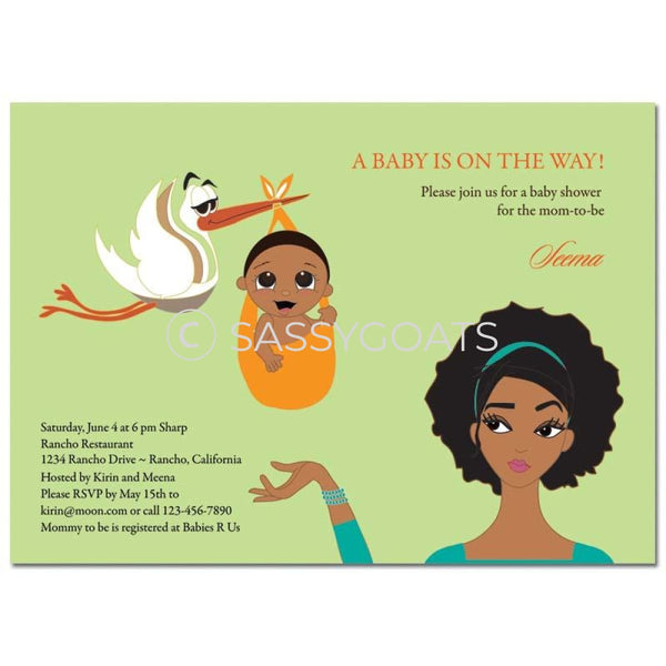 African American Baby Shower Invitation - Stork Mommy