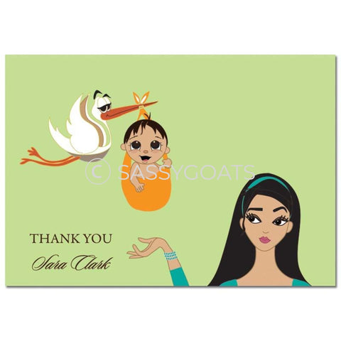 Baby Shower Thank You Card - Stork Mommy Brunette
