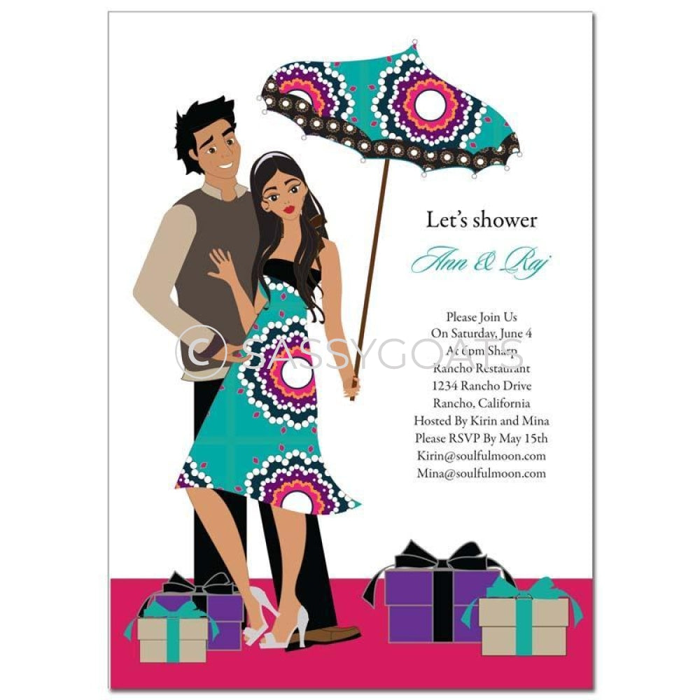 Bridal Shower Invitation - Umbrella Couple Brunette