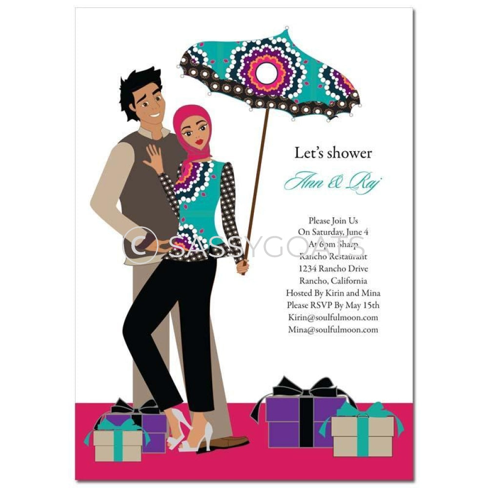 Bridal Shower Invitation - Umbrella Couple Headscarf Hijab