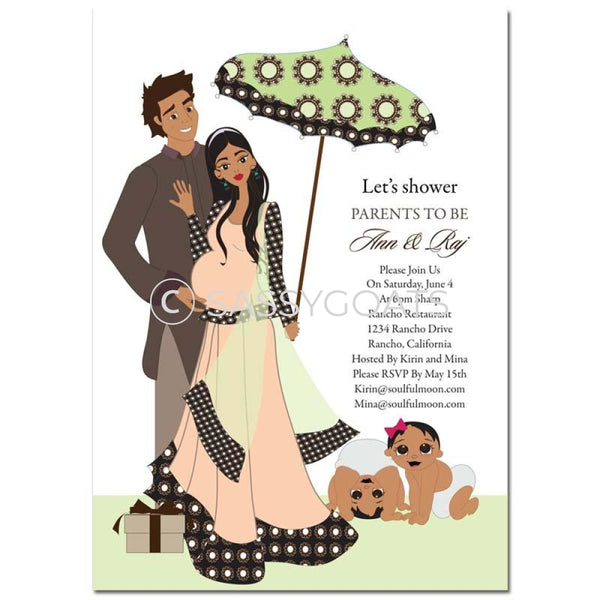 Indian Baby Shower Invitation - Fancy Umbrella Twins