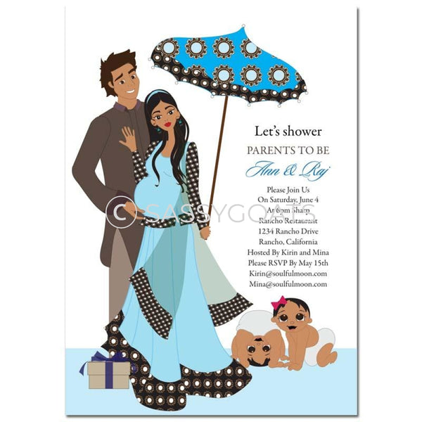 Indian Baby Shower Invitation - Fancy Umbrella Twins
