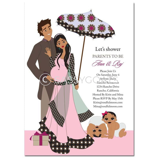 Indian Baby Shower Invitation - Fancy Umbrella Twins