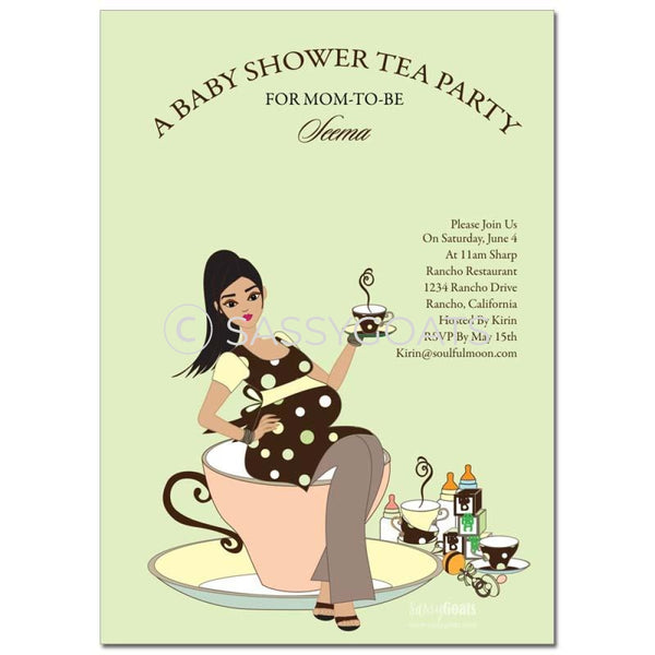 Online Invitation - Brunette Baby Shower Digital Teacup Mommy